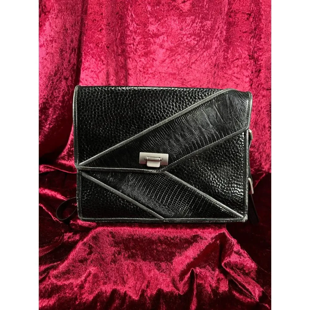 Vintage Y2K Black Leather Shoulder Bag - Reptile Embossed Patchwork Purse
